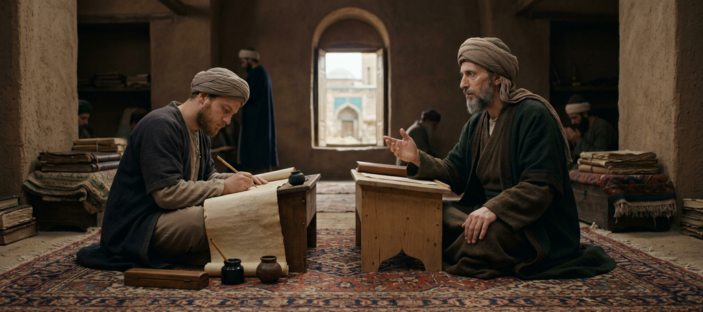 A thin, pale scholar dictates verses to a scribe sitting on a rug in a 13th-century room.
