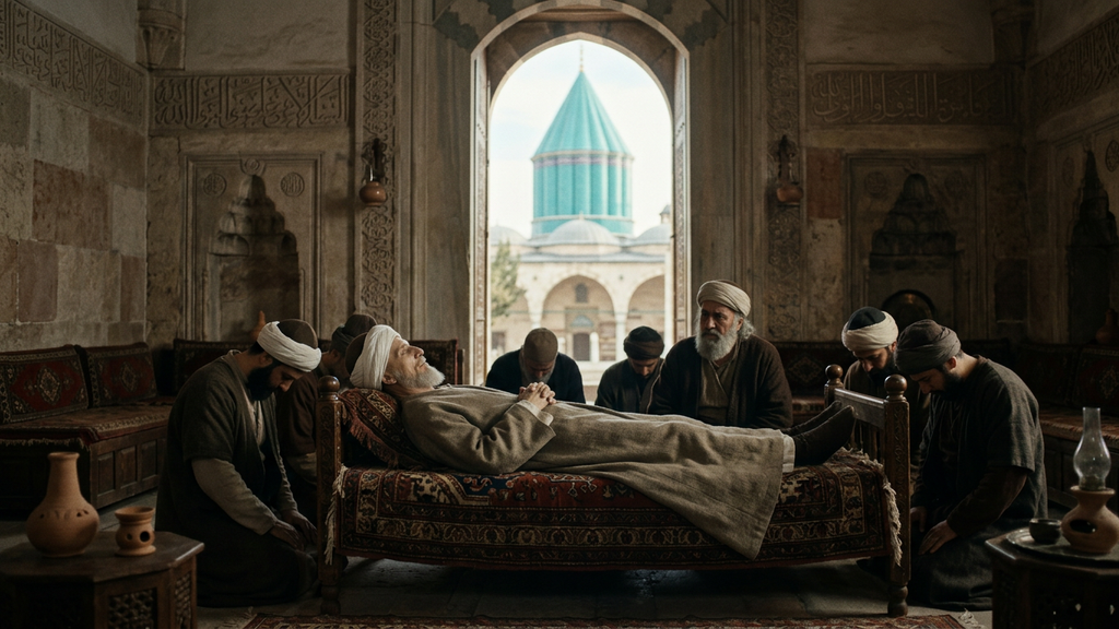 A grand tomb with a turquoise dome stands under a clear sky in 13th-century Konya.