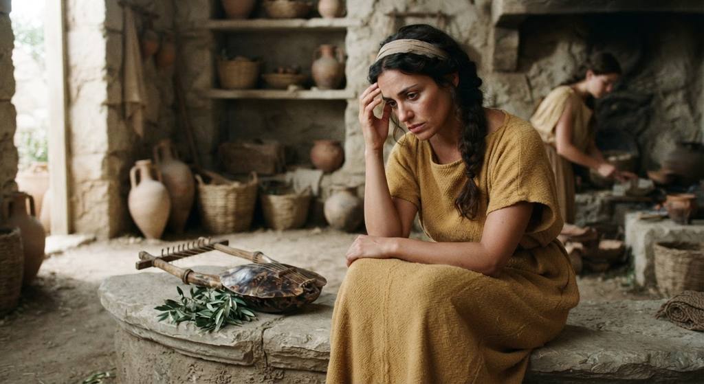 A tortoise-shell lyre rests on a stone bench next to a sprig of olive leaves.