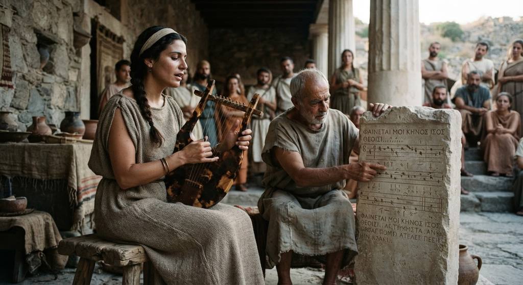 A detailed stone carving displays ancient Greek musical notation and poetic rhythms.