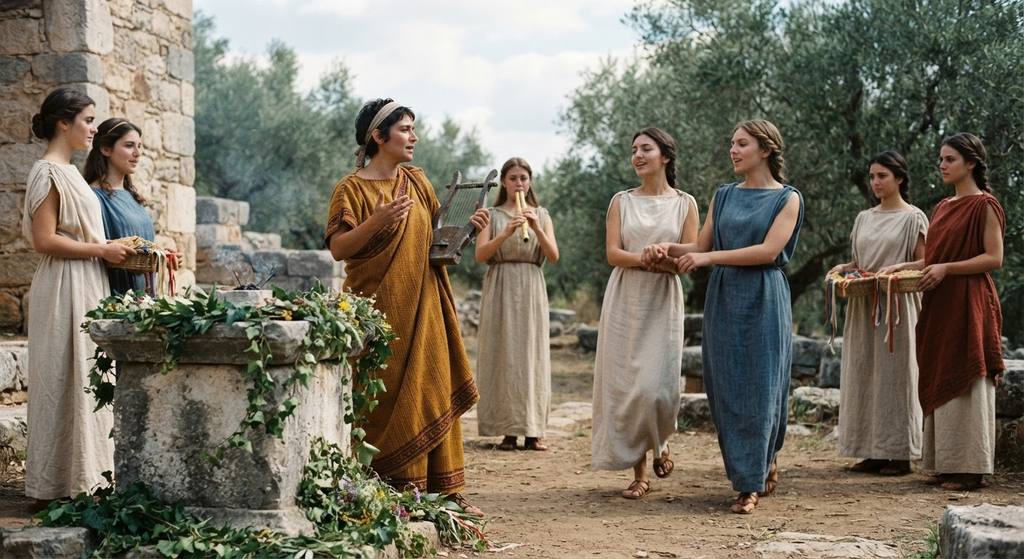 Women in woven chitons gather near a stone altar decorated with floral garlands.