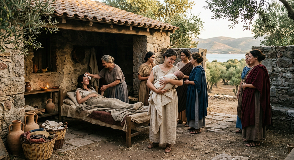 An ancient stone courtyard on Lesbos sits beneath olive trees near the Aegean shoreline.