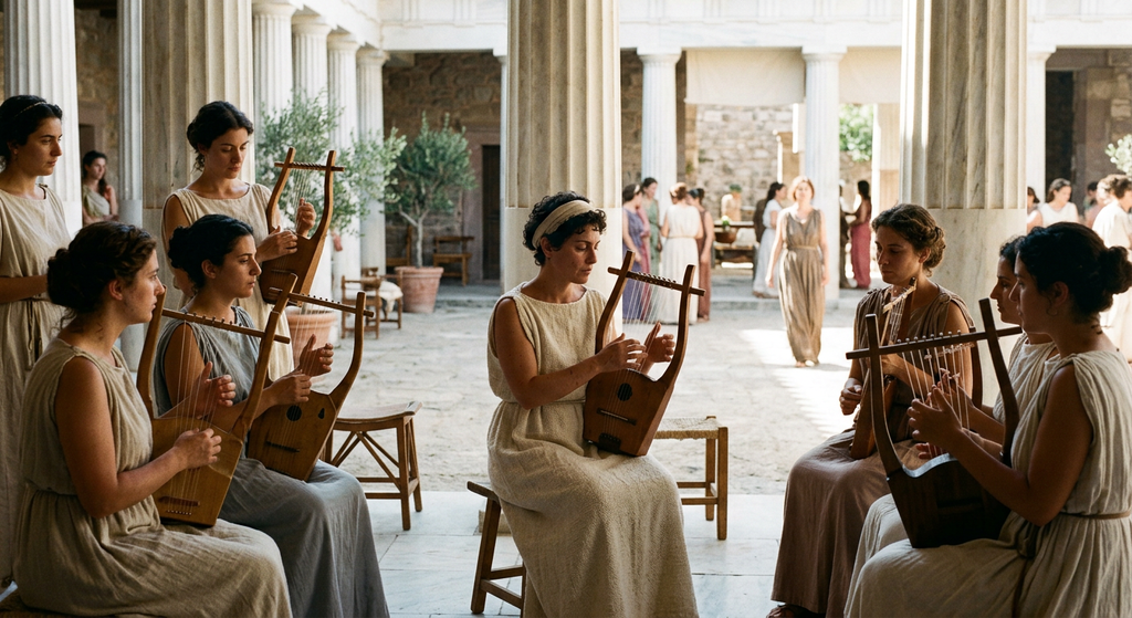 Women play lyres together under marble colonnades in a sunlit Mytilene courtyard.