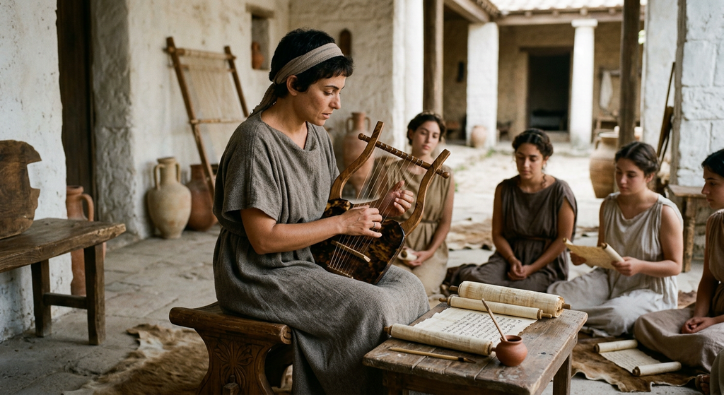 A hand strums a seven-stringed tortoise-shell lyre resting beside ancient papyrus scrolls.