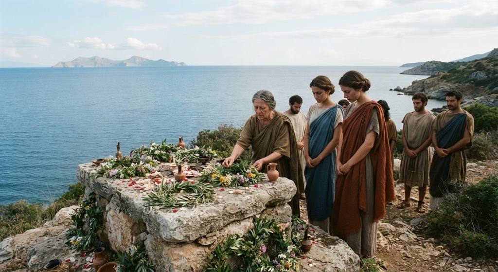 A stone altar adorned with floral wreaths overlooks the calm blue Aegean Sea.