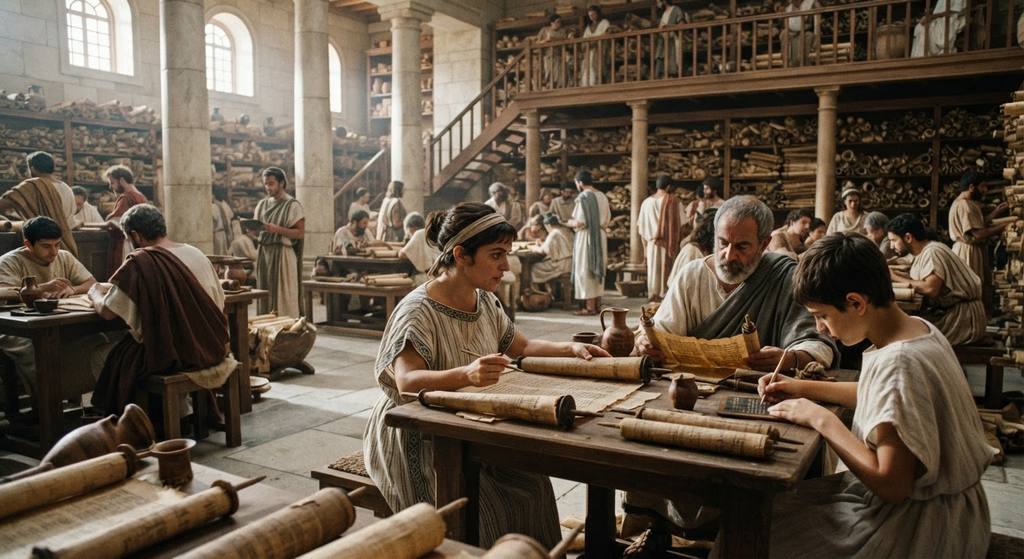 Scholars in a library examine ancient papyrus scrolls while a woman in a chiton observes.