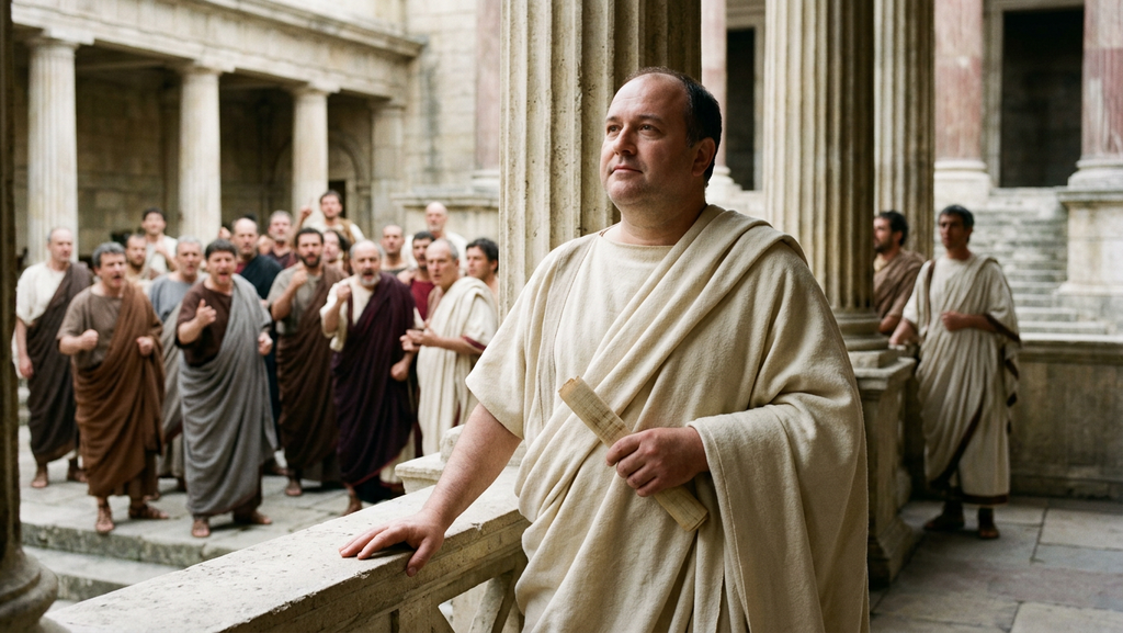 Seneca stands calmly in the foreground while an angry crowd argues behind him.
