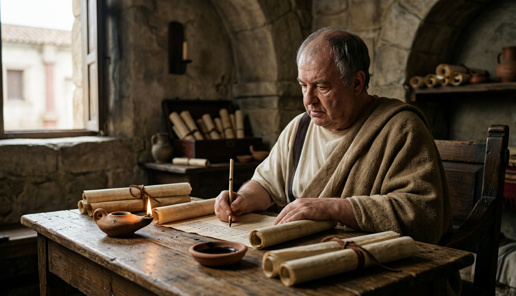 Papyrus scrolls, a reed pen, and an oil lamp rest on a wooden desk.