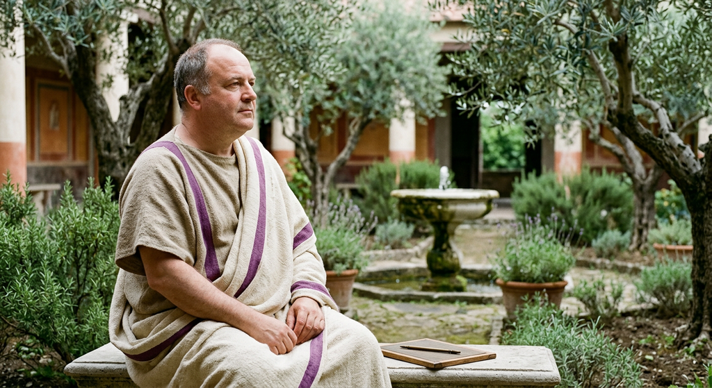 A serene Roman villa courtyard features a small fountain and olive trees.