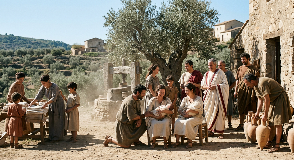 Seneca stands on a sunny family estate in Hispania surrounded by olive trees.