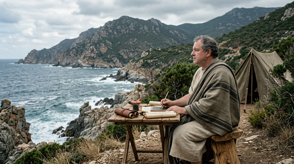 Seneca stands alone on a rugged, rocky Mediterranean coastline on Corsica.