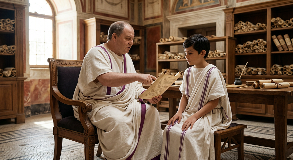 Seneca holds a papyrus scroll while instructing a young noble boy in Rome.