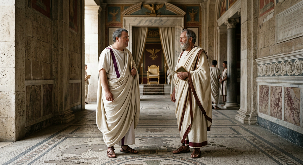 Seneca converses with a Roman statesman near an imperial throne room.