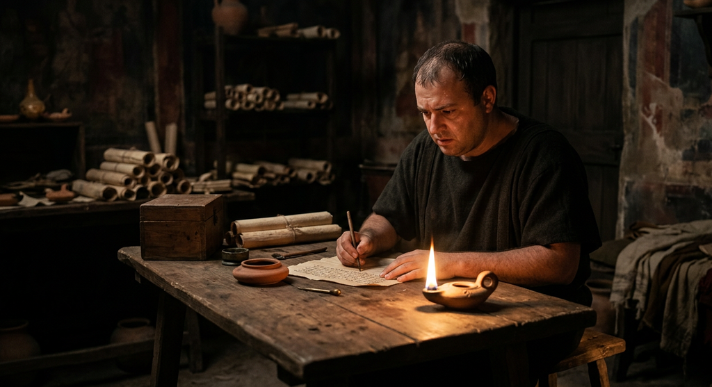 A scribe drafts a document by oil lamp in a dark room during the murder of Agrippina.