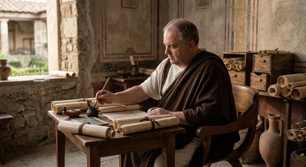 Seneca sits at a desk in a quiet Roman villa study filled with scrolls.