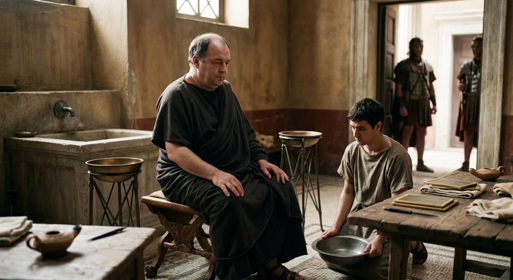 Seneca sits calmly inside a stone Roman bathhouse.