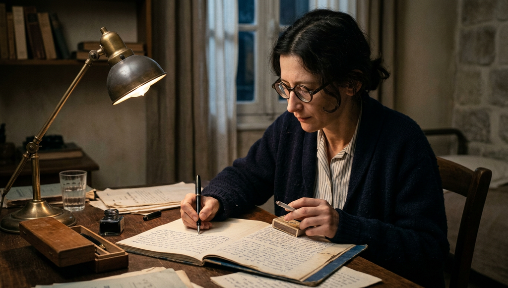 A single desk lamp illuminates handwritten notes inside a worn school notebook.
