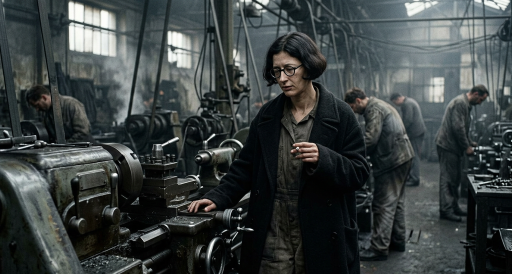Simone Weil stands amidst heavy industrial machinery on a 1930s factory floor.