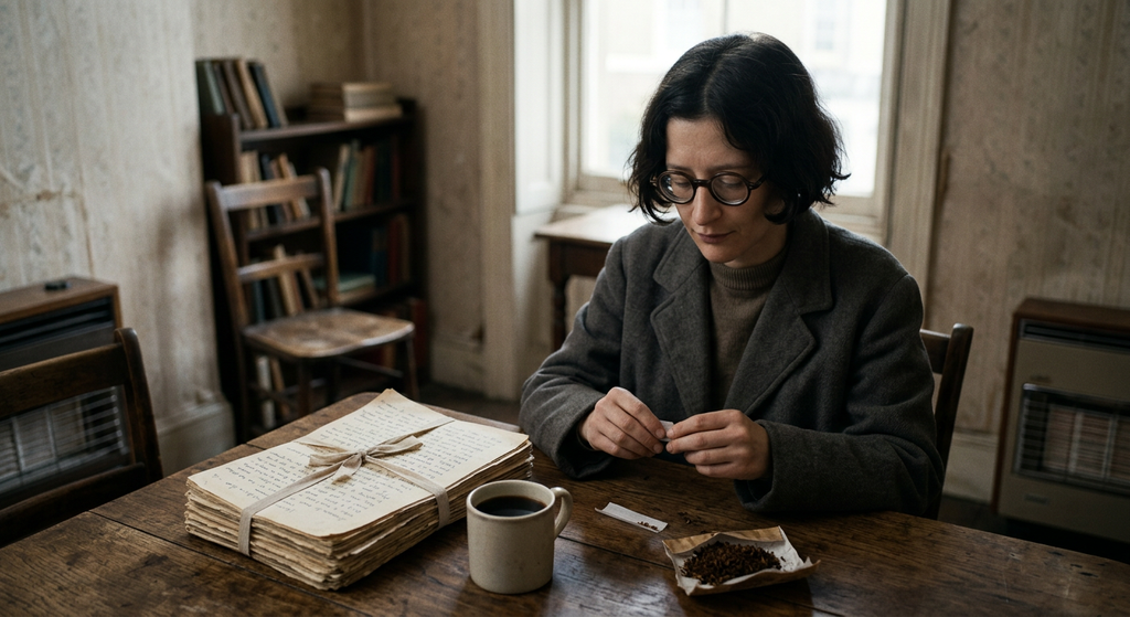 A stack of manuscripts sits on a wooden table beside a cup of coffee and loose tobacco.