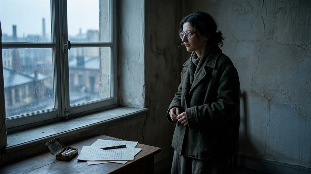 Simone Weil stands by a window looking out at a bleak urban landscape at dawn.