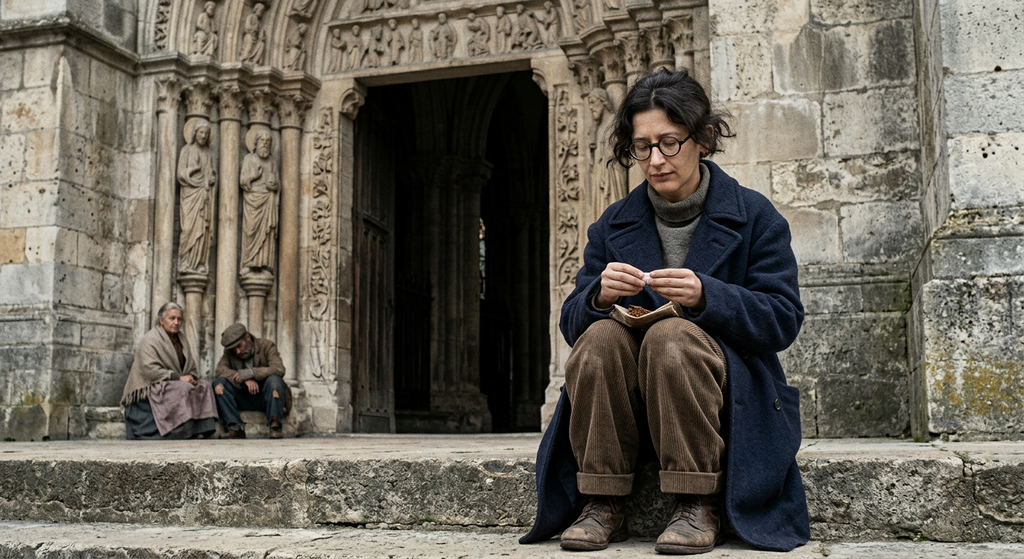 Simone Weil stands outside the heavy stone doorway of a dark French cathedral.