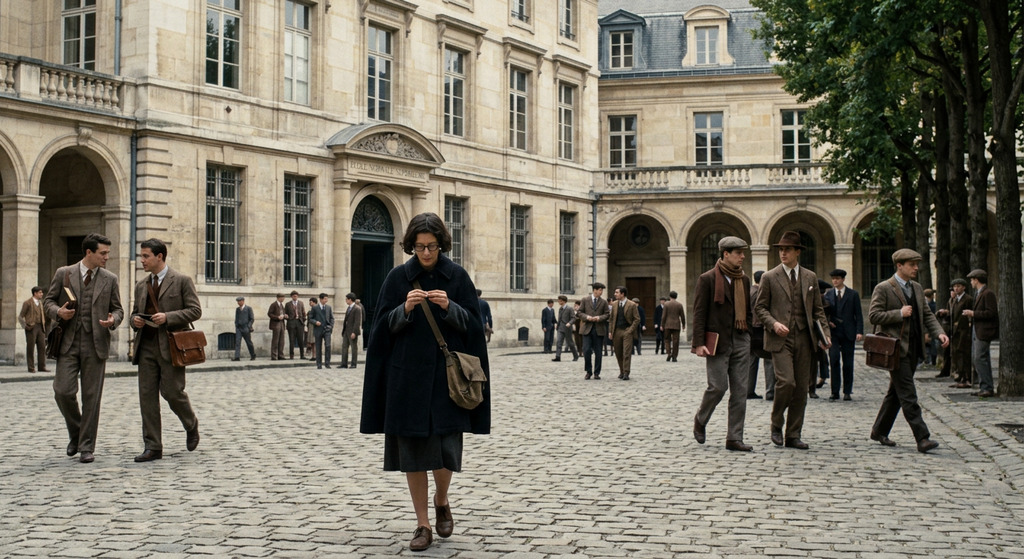 Students walk across the stone courtyard of a grand academic building in Paris.