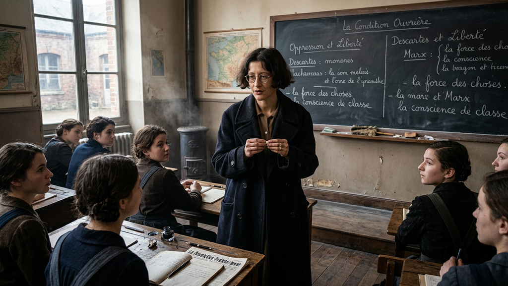 Simone Weil stands in a dusty classroom beside a chalkboard filled with philosophy notes.
