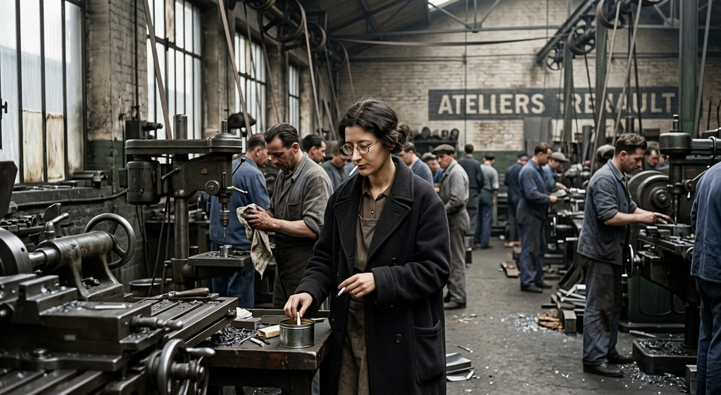 Simone Weil works among machinery and laborers on a busy Parisian factory floor.