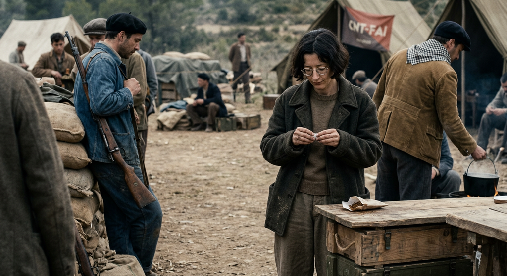 Simone Weil stands in a rugged encampment alongside volunteers in mismatched military gear.