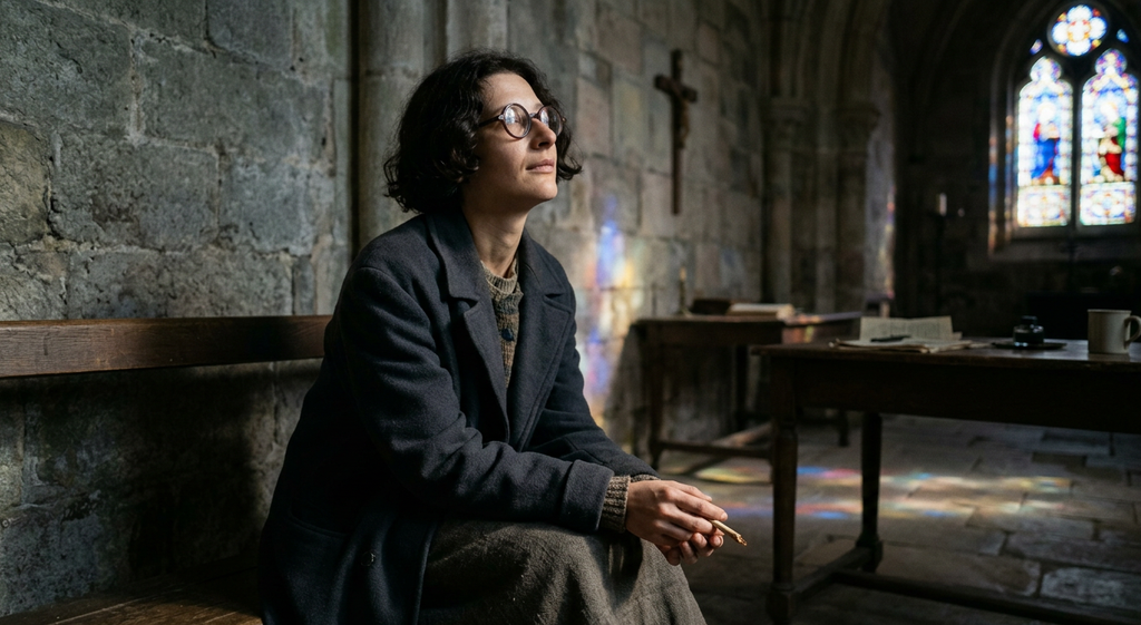 Simone Weil sits softly in a quiet stone abbey as sunlight filters through a stained-glass window.