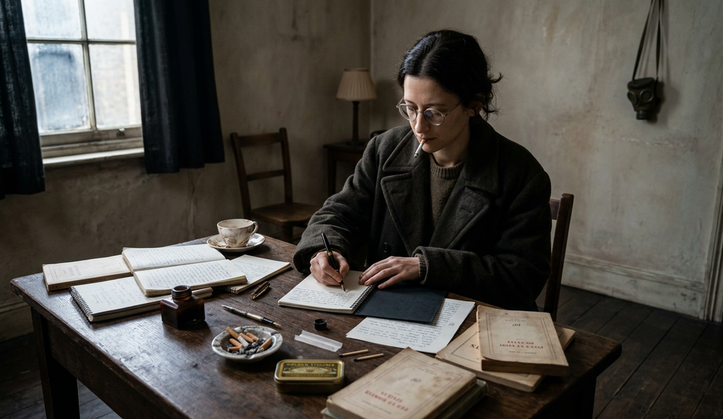 Simone Weil writes at a desk covered in notebooks and tobacco in a dimly lit London room.