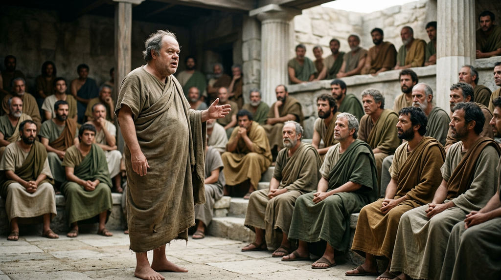 A barefoot, bearded philosopher addresses a large crowd of Athenian jurors sitting on stone benches.