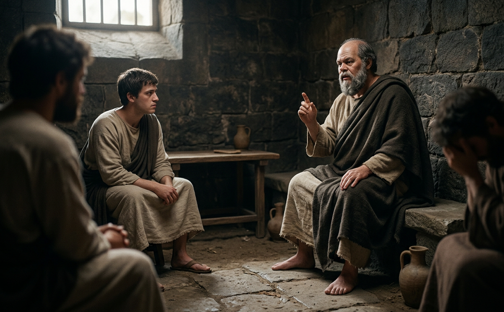 A man in a stone cell gestures calmly to a visitor attempting to help him flee.