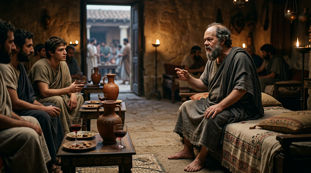 Reclining guests converse around low tables during an ancient Athenian drinking party.