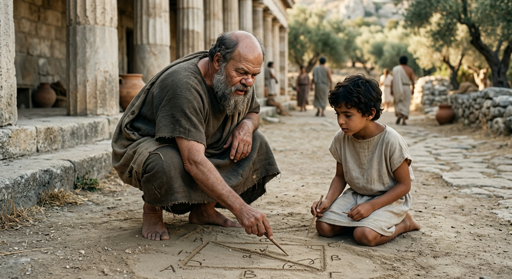 A bearded philosopher points to geometric shapes drawn in the sand beside a young boy.