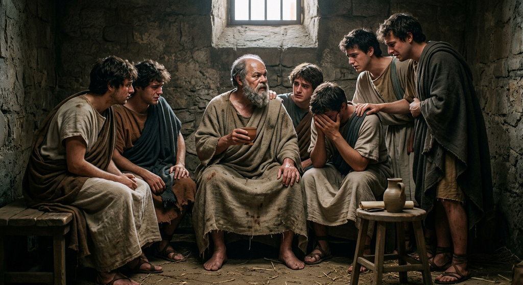 An elderly philosopher holds a small cup while grieving students gather around him in a prison cell.