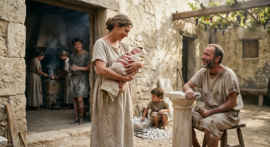 A midwife holds a newborn in the doorway of a dusty Athenian stonemason workshop.