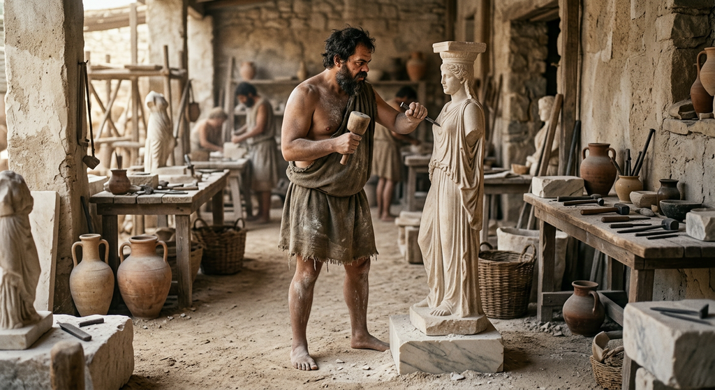 A young Athenian sculptor works on a marble figure inside a dusty, sunlit workshop.