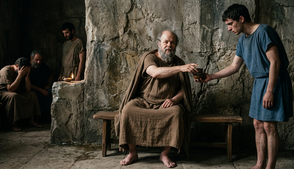 A barefoot philosopher reaches for a cup of hemlock inside a stone prison cell.