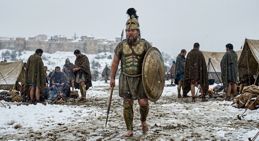 An Athenian hoplite in bronze armor stands barefoot in snowy terrain at a siege encampment.