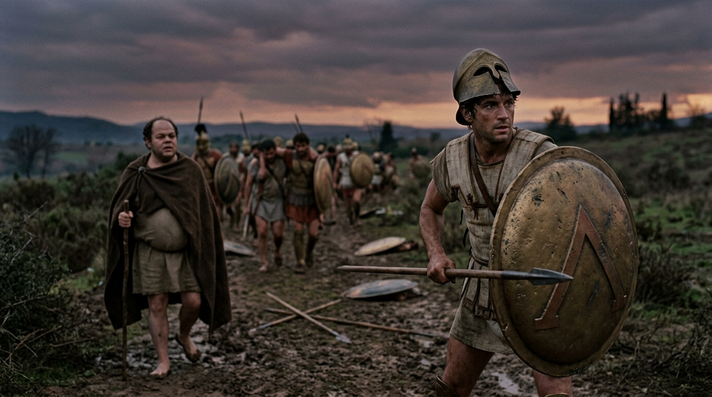An armored Athenian hoplite stands firm to cover retreating soldiers during dusk.
