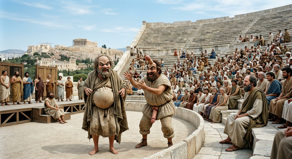 Masked comic actors perform on stage in an open-air Greek theater, parodying a bearded philosopher.