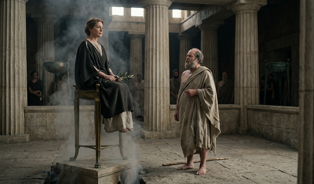 A priestess sits surrounded by rising vapors inside the grand Temple of Apollo at Delphi.