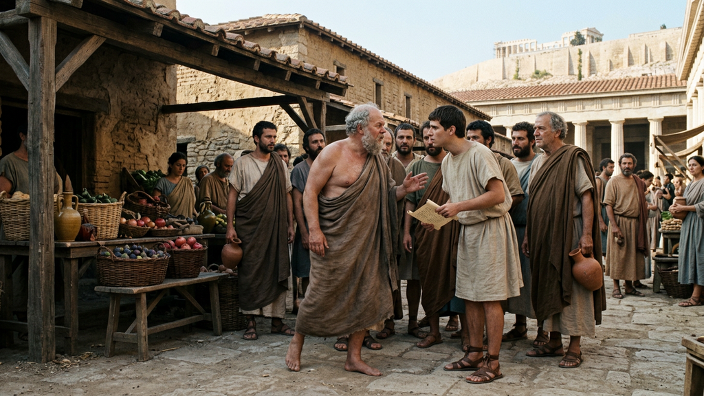 An older, barefoot philosopher converses with a young student in the open Athenian agora.