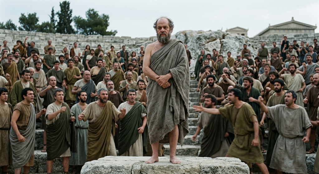 A barefoot philosopher stands calmly in a crowded Athenian assembly surrounded by shouting citizens.