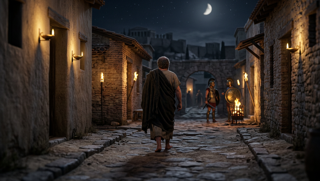 A barefoot man walks down a moonlit Athenian street, passing armed guards holding torches.