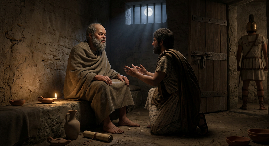A bearded man in a simple cloak sits in a moonlit stone cell, refusing his friend's gesture to escape.