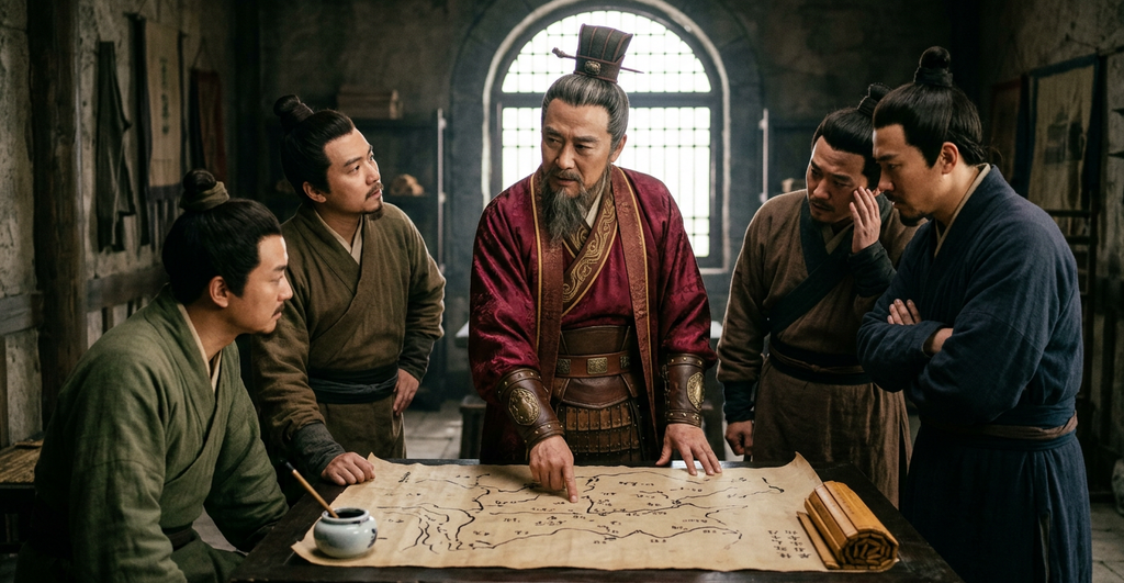 Sun Tzu points to a map on a low wooden table while conferring with military advisors.