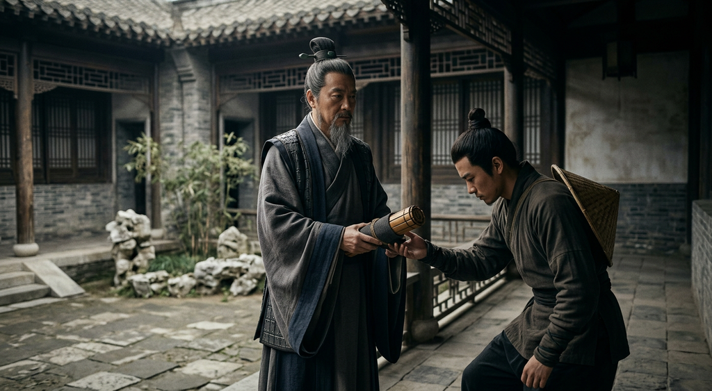 Two figures exchange a bamboo scroll in the shadowy corner of an ancient courtyard.