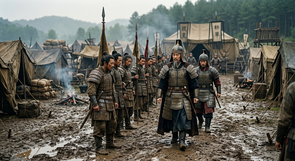Sun Tzu walks through a muddy military camp observing the discipline of his soldiers.